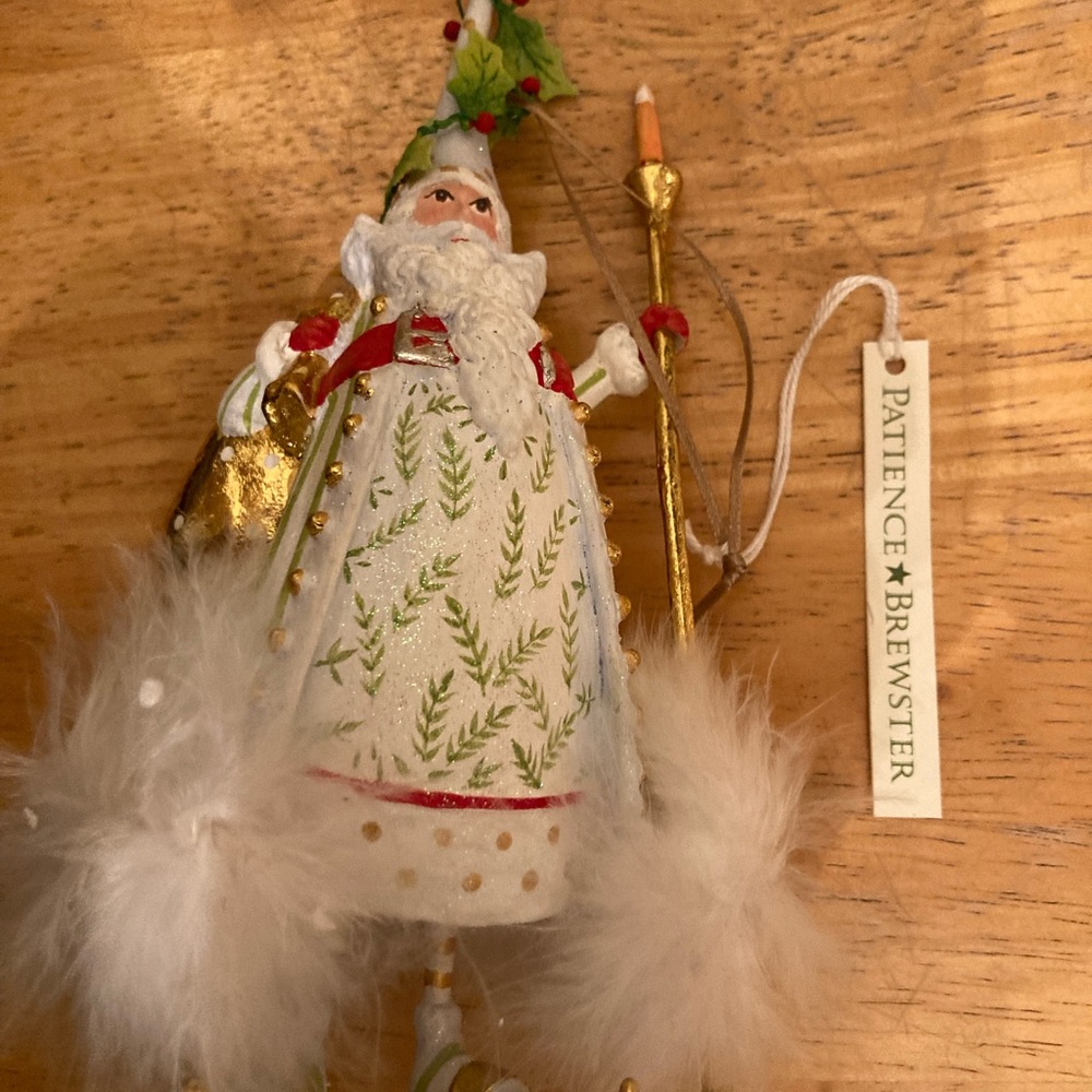 Patience Brewster Krinkles Candlelight Santa Ornament w/ Box Feather Trim
